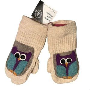 HANDMADE Lambswool Wool Winter Knit Mittens With Owls Cream M